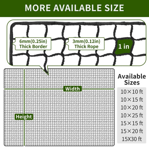 Backyard Practice Net With Durable Nylon Rope, 10x10 Ft Heavy Duty Ball Netting For Baseball, Soccer, Hockey And More Sports, Safe Hitting Net For Multi Sport Training At Home. Size diagram showing 1-inch mesh with thick border and rope