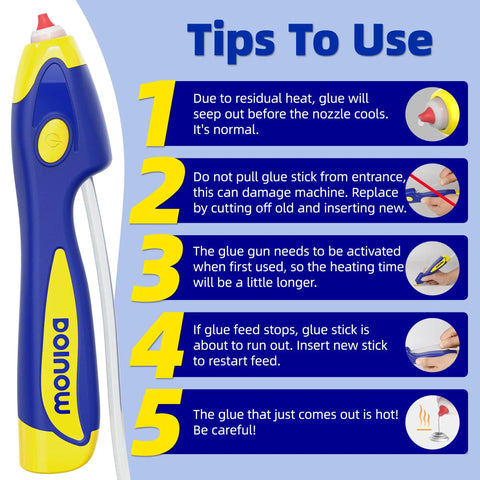 Cordless Hot Glue Gun With 6 Second Preheat, Auto Dispense And Dripless Design showing instructions for use with blue and yellow design