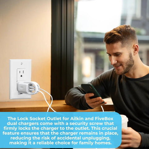 Lock Down Your Wall Outlet With This Tug Proof Charger Lock That Attaches Via Heavy Duty Security Screw To Block Sneaky Tugs And Keep Dual Charging Cables Locked Tight Forever, shown on a wall with a user.