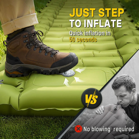 Ultralight Camping Pad With Built In Pump Waterproof Air Mattress, showing step-to-inflate feature with hiking boot on valve
