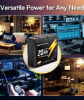 12V 20Ah LiFePO4 Battery Two Pack With Built In BMS IP67 Waterproof for solar marine and camping, versatile uses shown.