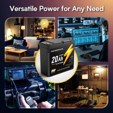 12V 20Ah LiFePO4 Battery Two Pack With Built In BMS IP67 Waterproof for solar marine and camping, versatile uses shown.