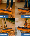 Heavy Duty Workhorse 18 Inch Push Broom With Extended Handle And Tough Six Row Bristles For Killing Dust And Trash On Concrete Patios Driveways Porches Yards in use on deck, garage, walkway, and driveway.