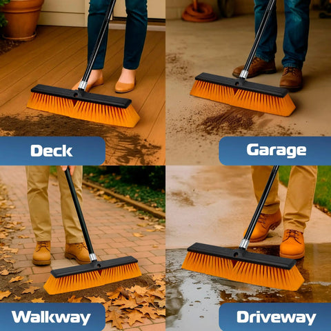 Heavy Duty Workhorse 18 Inch Push Broom With Extended Handle And Tough Six Row Bristles For Killing Dust And Trash On Concrete Patios Driveways Porches Yards in use on deck, garage, walkway, and driveway.