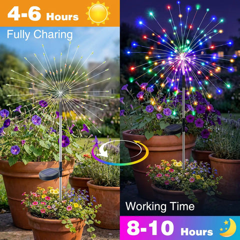 Solar Powered Outdoor Fairy Lights With 8 Modes And 120 Led Firework Effect Multicolor, day and night garden display