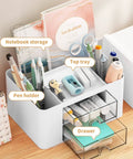 Pen Organizer With 2 Drawers For Desk, Multi Functional Pencil Holder With 5 Compartments Top Tray And Notebook Holder, White Office Organizer For Stationery Supplies And Desk Accessories on a wooden desk.
