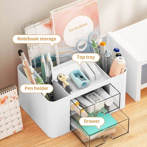 Pen Organizer With 2 Drawers For Desk, Multi Functional Pencil Holder With 5 Compartments Top Tray And Notebook Holder, White Office Organizer For Stationery Supplies And Desk Accessories on a wooden desk.