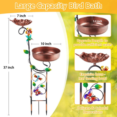 37-inch tall copper metal bird bath with feeder, featuring lotus leaf design, for garden or yard, weatherproof and rust resistant.
