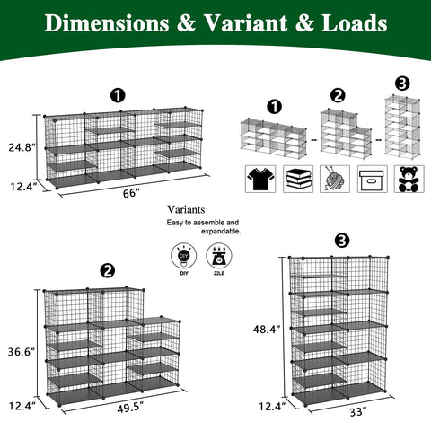 Interlocking Metal Wire Cube Storage Unit With Divider Design dimensions and variants, modular stackable bookshelf layout.