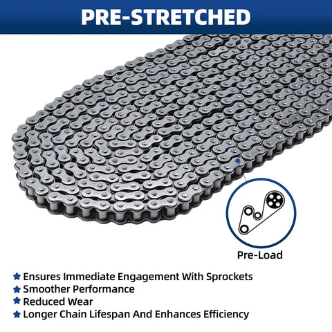 Close-up of Roller Chain Kit 20 Feet Carbon Steel One Half Inch Pitch ANSI Standard Chain With Ten Free Connecting Links Pre-Stretched