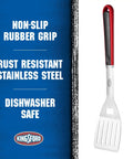 Stainless Steel Grill Spatula With Wide Blade And Beveled Edge For Easy Flips And Stable Lifts Of Burgers, Veggies, And Delicate Fish, Red And Black Comfort Grip With Hanging Loop For Weeknight Or Weekend BBQs next to product features text.