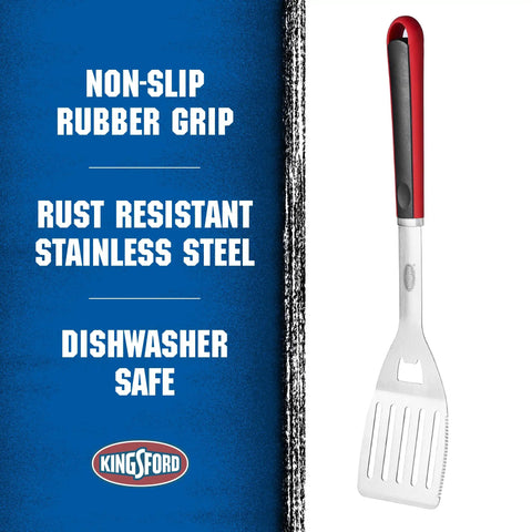 Stainless Steel Grill Spatula With Wide Blade And Beveled Edge For Easy Flips And Stable Lifts Of Burgers, Veggies, And Delicate Fish, Red And Black Comfort Grip With Hanging Loop For Weeknight Or Weekend BBQs next to product features text.