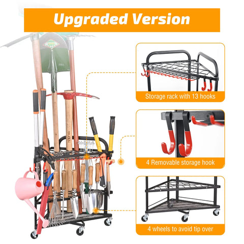 Rolling Garden Tool Organizer With Wheels And Storage Hooks, Corner Tool Rack For Shed Or Garage, Powder Coated Steel Black, Heavy Duty Trolley Keeps Rakes Pruners Trowels Brooms And Other Gear Handy