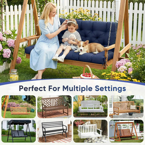 Mother and child sitting with a dog on a porch swing with 60 Inch Waterproof Porch Swing Cushions For 2 To 3 Seaters.