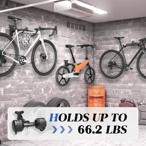 Adjustable Bike Wall Mount Hanger for Space Saving Horizontal Rack Heavy Duty Holder for Mountain Road Hybrid Bikes No Fuss Install With Included Hardware Ideal Garage or Apartment Storage Solution Not For Plaster Walls mounted on concrete wall holding bikes.