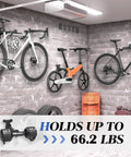 Bike Wall Mount Hanger Adjustable 2 Pack Space Saving Horizontal Bicycle Rack in garage with multiple bikes on concrete wall.