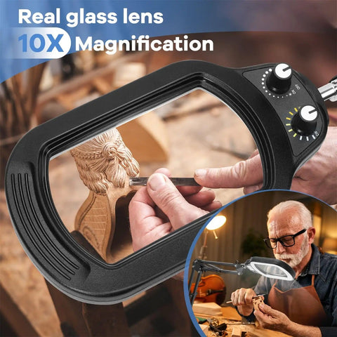 10X Rectangle Magnifying Glass With Light And Stand For Close Work And Reading Hands Free LED Desk Lamp With Clamp Real Glass Lens