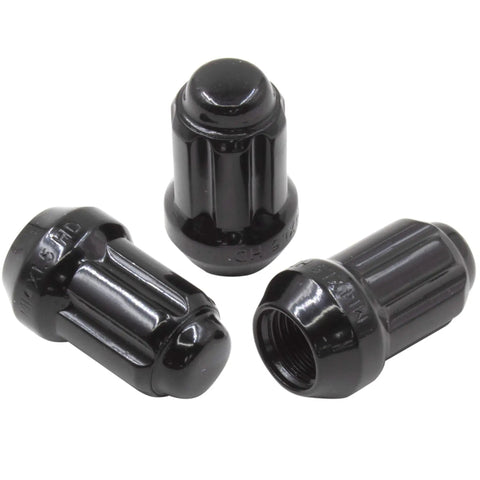 Three black 20 Pcs Short Truck Lug Nuts M14x1.5 1.50 Inch Long 6 Spline Hex Black Conical Seat True Two Piece Construction