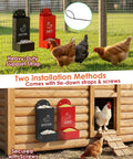 Automatic Gravity Fed Chicken Oyster Shell Feeder 2 Pack Large Capacity Grit Dispenser with black and red bins in coop.