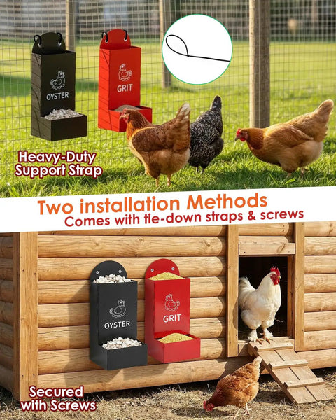 Automatic Gravity Fed Chicken Oyster Shell Feeder 2 Pack Large Capacity Grit Dispenser with black and red bins in coop.