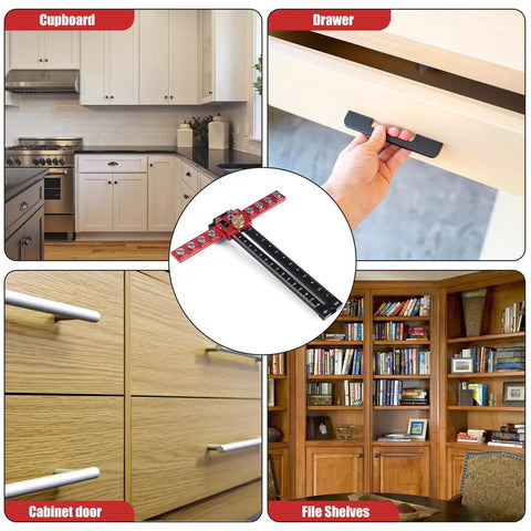 Adjustable Cabinet Hardware Jig And Handle Template Tool Crafted From Heavy Duty Aluminum, shown in kitchen and drawer use.