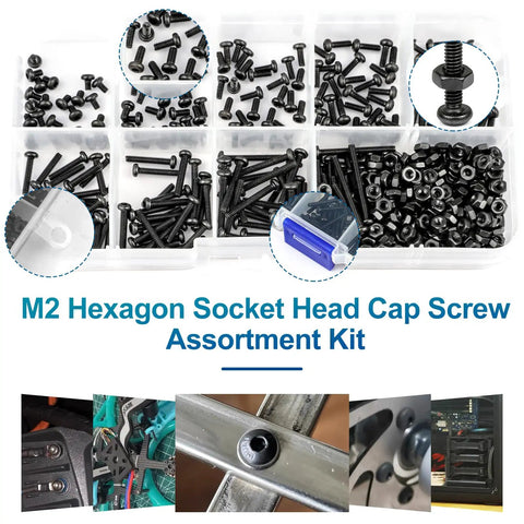 The Real Deal M2 Button Head Socket Cap Screw Assortment Kit 452 Pieces, black oxide, metric hex screws, assortment in storage box.