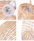 Close-up details of Rattan Round Pendant Light For Kitchen Island, Coastal Wicker Chandelier, showing weave pattern and bulb socket