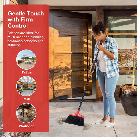 Woman using Beefy Heavy Duty Angle Broom With 55 Inch Adjustable Iron Handle And Stiff Bristles For Indoor Outdoor Cleaning