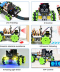 KEYESTUDIO Microbit V2 4WD Mecanum robot car kit with green wheels; line tracking, IR, ultrasonic sensing, app control.