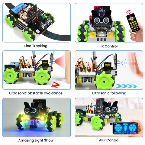 KEYESTUDIO Microbit V2 4WD Mecanum robot car kit with green wheels; line tracking, IR, ultrasonic sensing, app control.