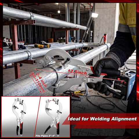 Locking Welding Pipe Pliers Clamp, 13 Inch Heavy Duty C Clamp For Round Tubes 2 To 4 Inches, secured on metal pipe, workshop setting.
