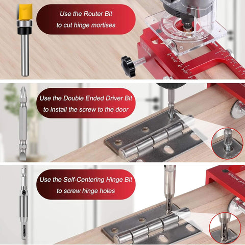 Door Hinge Jig Adjustable Mortise Jig Fits Door Hinges From Two Point Five To Five Inches Long And Various Thicknesses Includes Quarter Radius Five Eighths Radius And Square Corner Types Red Gift For DIYers And Pros usage instructions