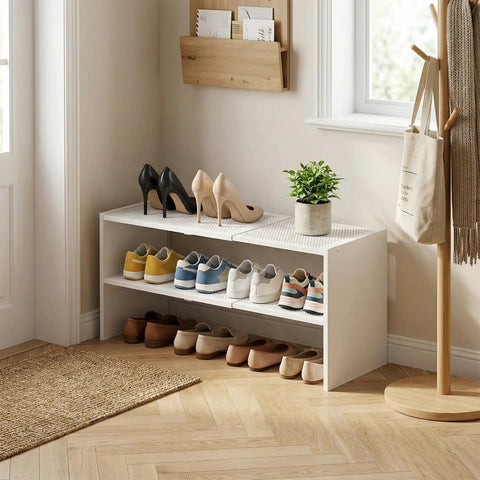 Expandable Shoe Rack Two Tier Adjustable Entryway Organizer Holds Up To Twelve Pairs Of Shoes For Small Spaces Space Saver