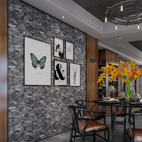 Dining room with 20 Pack 3D Wall Panels Peel And Stick Foam Brick Wallpaper Self Adhesive Faux Stone Wall Panels Black 3D Brick Tiles