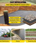 Cross-section view of Commercial Grade Heavy Duty Driveway And Garden Landscape Fabric 13 By 108 Feet Geotextile Underlayment Weed Barrier Ground Cover For Gravel Drainage And Soil Stabilization, showing layers with gravel and soil over fabric for soil stabilization.