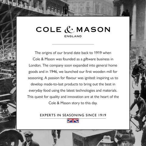 Cole & Mason brand history text with illustrated vintage street scene background and British flag, emphasizing seasoning expertise.