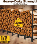 Heavy Duty 8ft Firewood Log Rack For Outdoor Use On Porch Or Backyard Keeps Fire Wood Neatly Stacked, 96 Inch Wide Steel Holder With Ground Clearance And Storage Organizer Black supporting 3200 lbs of firewood.