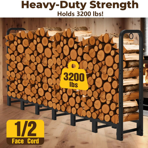 Heavy Duty 8ft Firewood Log Rack For Outdoor Use On Porch Or Backyard Keeps Fire Wood Neatly Stacked, 96 Inch Wide Steel Holder With Ground Clearance And Storage Organizer Black supporting 3200 lbs of firewood.