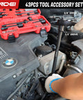 Heavy Duty Socket Set With One Quarter Inch Drive One Half Inch Drive And Three Eighths Inch Drive 43 Piece Kit Dual Head 72 Tooth Two Way Ratchet Handle With Adapters Extensions Universal Joints Coupler Black Built Tough Budget Friendly used in automotive engine bay