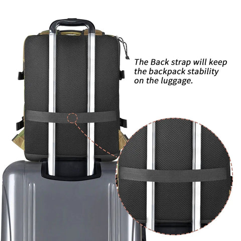 Back view of Underseat Carry On Travel Backpack 21L Lightweight Laptop Bag Fits MacBook Pro 16 on suitcase, showing stability strap.