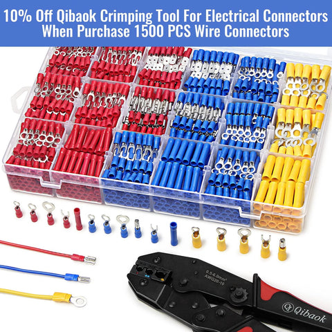 Qibaok 1500pc insulated copper wire terminal kit with red blue yellow colorcoded connectors ring spade butt fork, crimp tool