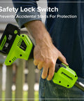 Safety lock switch on No Wiring Worries 24v Cordless String Trimmer for protection against accidental starts.