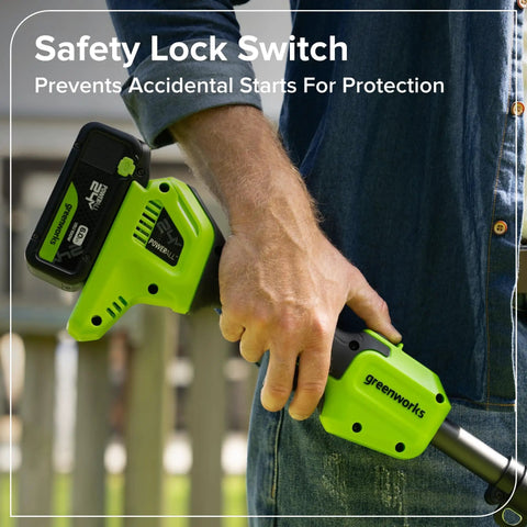 Safety lock switch on No Wiring Worries 24v Cordless String Trimmer for protection against accidental starts.