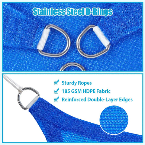 Stainless steel D-rings and 185 GSM HDPE fabric of Blue Triangle Sun Shade Sail 14 By 14 By 19.8 Feet UV Blocking Up To 95 Percent
