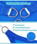 Close-up of Blue Sun Shade Sail 16 By 24 Foot Heavy Duty UV Protection Canopy with rust resistant stainless steel D rings.