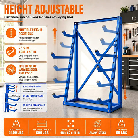 Workhorse Heavy Duty Lumber Storage Rack With Adjustable Arms And Beefy Alloy Steel Build For Stashing Pipes And Rebar Up To 2400 Pounds Without Breaking A Sweat