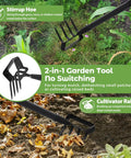 2 In 1 Heavy Duty Garden Hoe With 62 Inch Long Handle Workhorse for weeding and cultivating in a garden scene with soil and foliage.