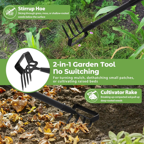 Heavy Duty Workhorse 2 In 1 Garden Hoe For Weeding And Cultivating With A Sharp 4 Tine Cultivator And Stirrup Hoe 76 Inch Long Handle Lightweight Yet Durable Weeding Rake For Grass Beds And Soil Aeration, black metal in garden soil
