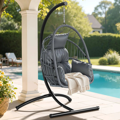 Hangin' Egg Chair With Stand, Wicker Rattan Swing Chair With 360 Degree Swivel, Cushions, Heavy Duty Iron Frame Supports Up To 330 Lbs For Indoor And Outdoor Use, Grey by a poolside