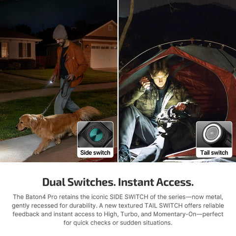 Baton4 Pro EDC Flashlight Tiny Pocket Sized 1600 Lumen LED Light with Tactical Switch used outdoors and in tent